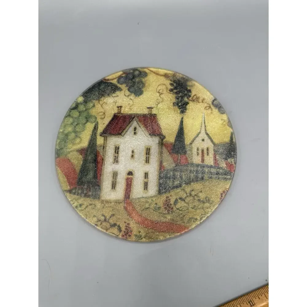 Vintage Round Glass Trivet Hot Plate Country Farmhouse Scene 7.5” Kitchen Decor